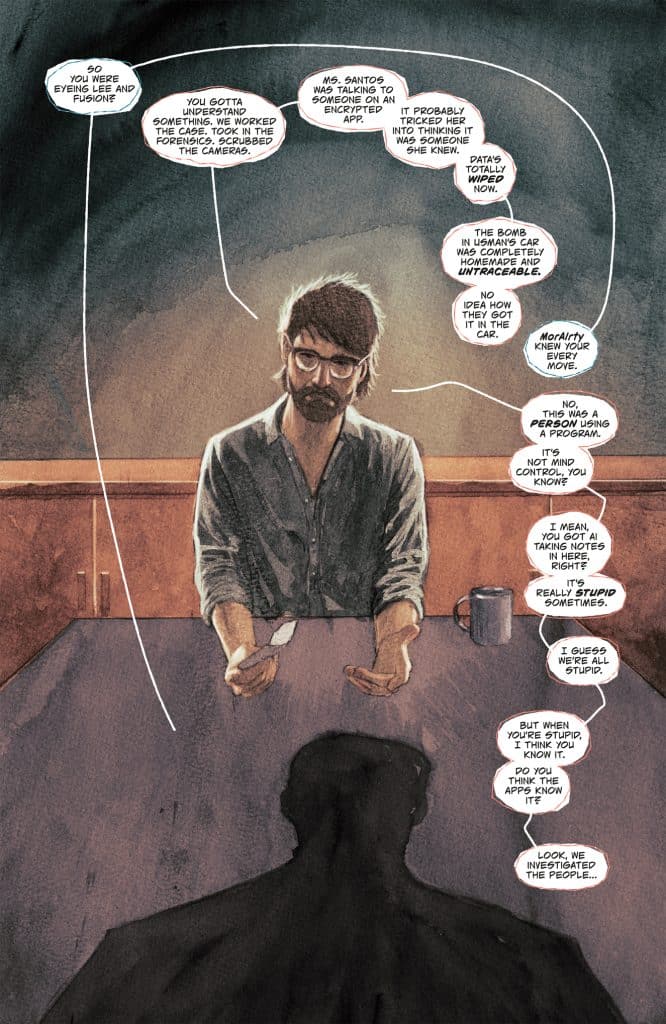 Illustration of two characters in a dialogue, with one character sitting at a table wearing glasses and a casual shirt, while the other character, partially obscured in shadow, listens intently. Speech bubbles present a conversation about encrypted communication and investigation challenges.