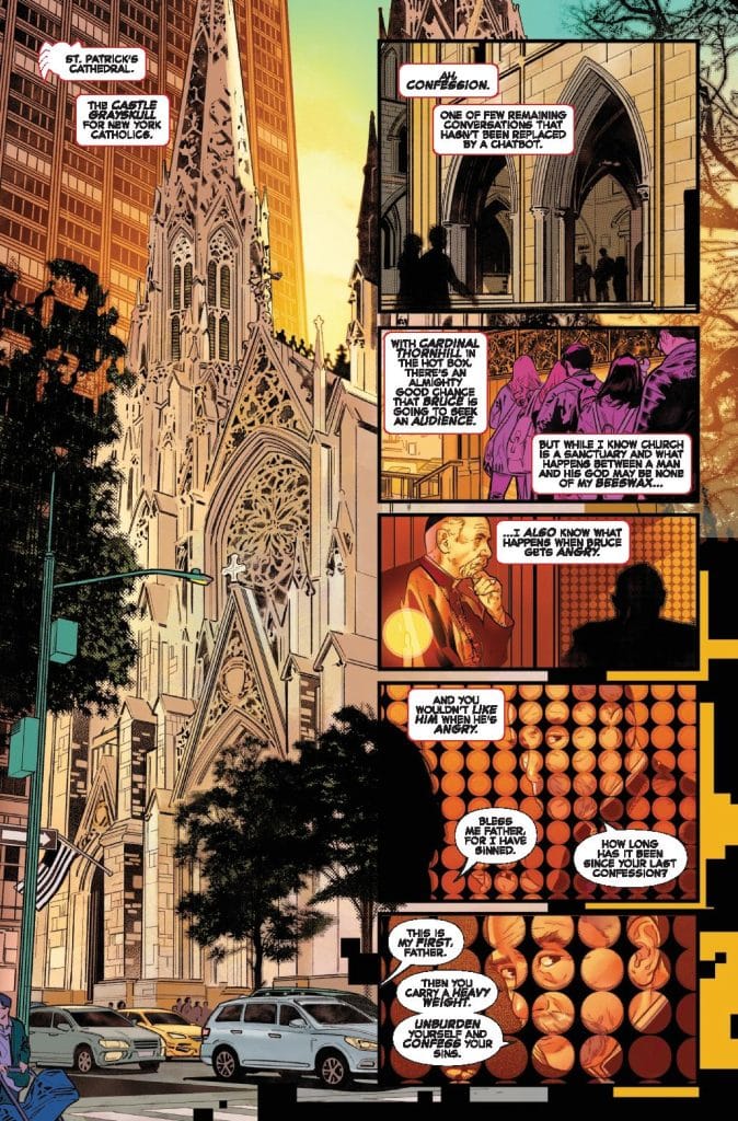 An illustration of St. Patrick's Cathedral with a conversation about confession happening in the foreground. The image shows the cathedral's intricate architecture alongside characters discussing themes of confession and spirituality.