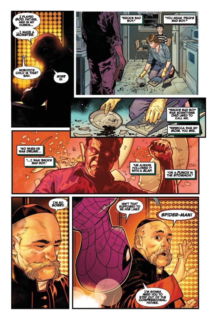 A comic book page featuring multiple panels with characters discussing themes of familial relationships and personal struggles. One character is cleaning up broken dishes while another reflects on a troubled past involving a paternal figure. Spider-Man's appearance is hinted at in the last panel.