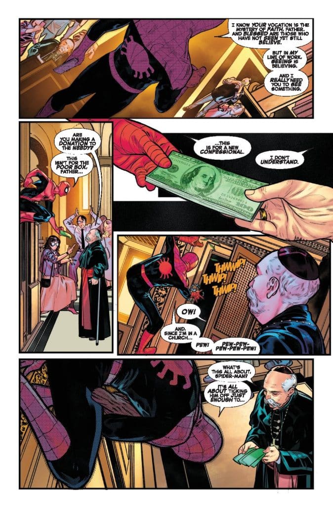 A comic panel featuring Spider-Man interacting with a priest in a church. Spider-Man is handing over a large bill while making a humorous remark, and the priest looks puzzled. In the background, two characters observe the scene.