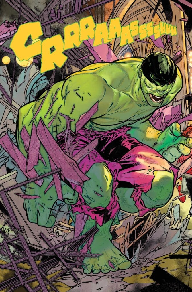 A comic-style illustration of the Hulk, depicted in a dynamic pose amidst flying debris, emitting a loud sound effect 'CRRRRRAAAASSSHHH.' The Hulk is green with muscular features and is wearing torn shorts.