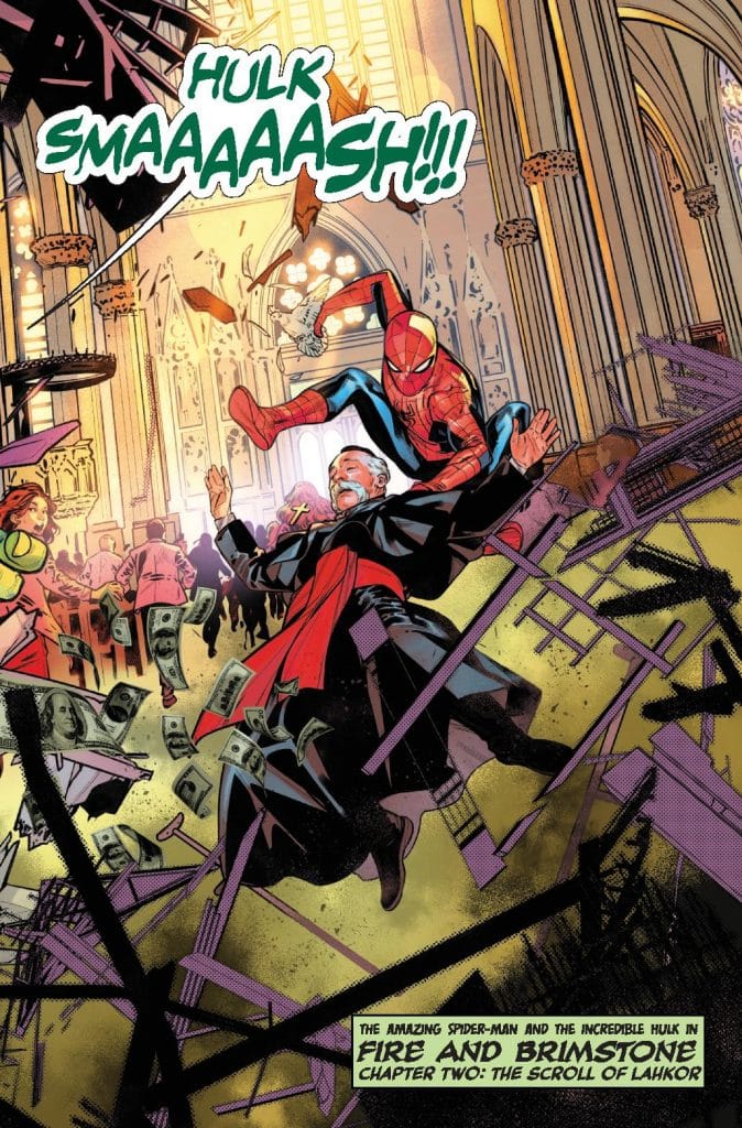 Spider-Man and the Hulk engage in a dramatic confrontation in a ruined church, with Spider-Man tackling a man in a red robe while money flies through the air.