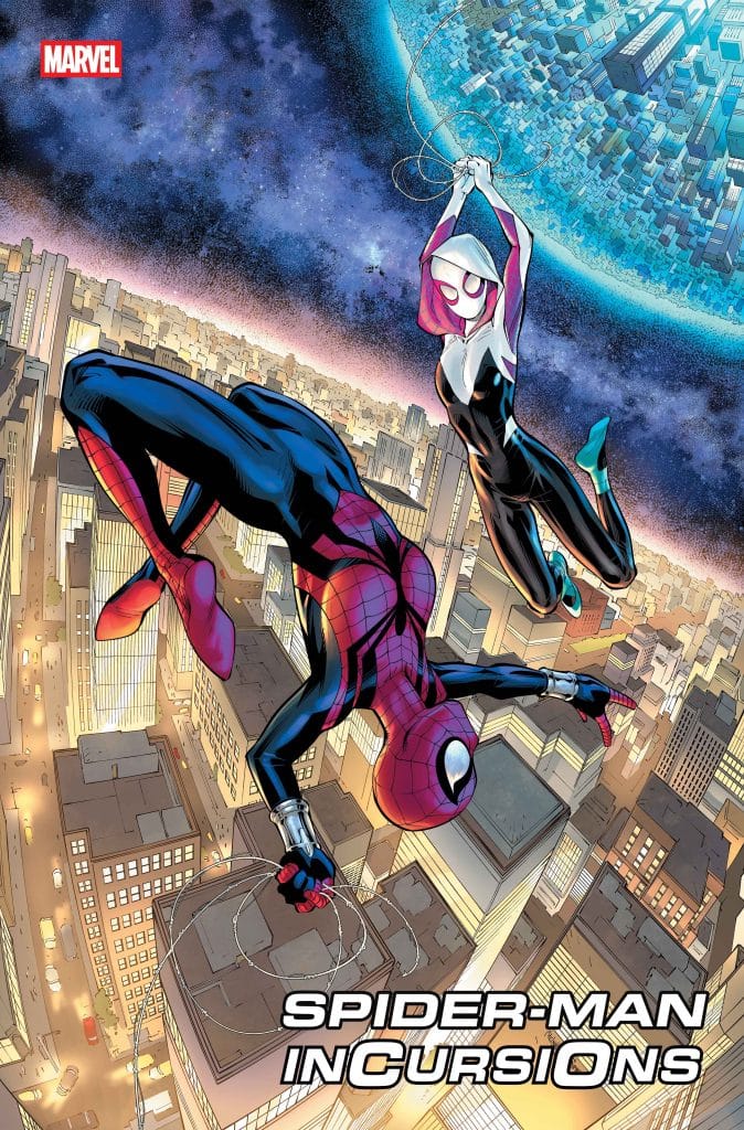 Spider-Man and Spider-Gwen swinging through a cityscape against a cosmic background, featuring a stylized title 'Spider-Man Incursions.'