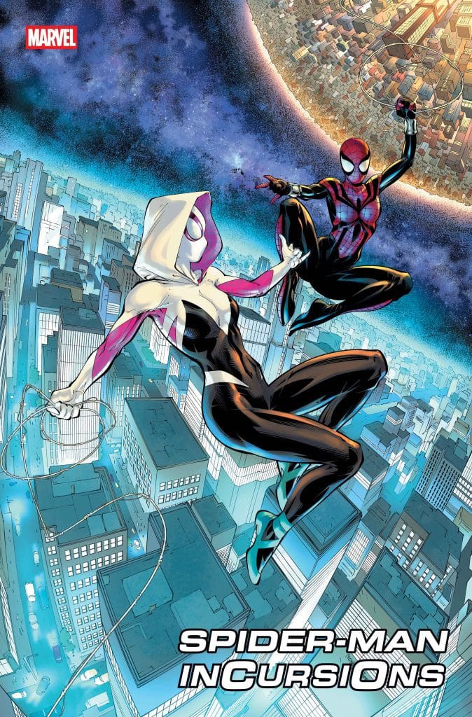 An illustration of Spider-Man characters swinging above a city skyline, featuring Spider-Gwen in a black and white suit with a hood and Spider-Man in a black and red suit. A cosmic background with a large planet is visible behind them.