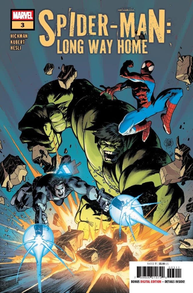 Cover of Spider-Man: Long Way Home comic issue 3 featuring Spider-Man, The Hulk, and another character engaged in action, with debris flying around them.