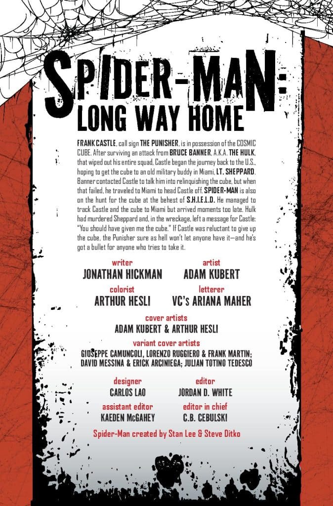 Textual content from a comic book page featuring Spider-Man: Long Way Home, detailing characters, writers, artists, and team credits.
