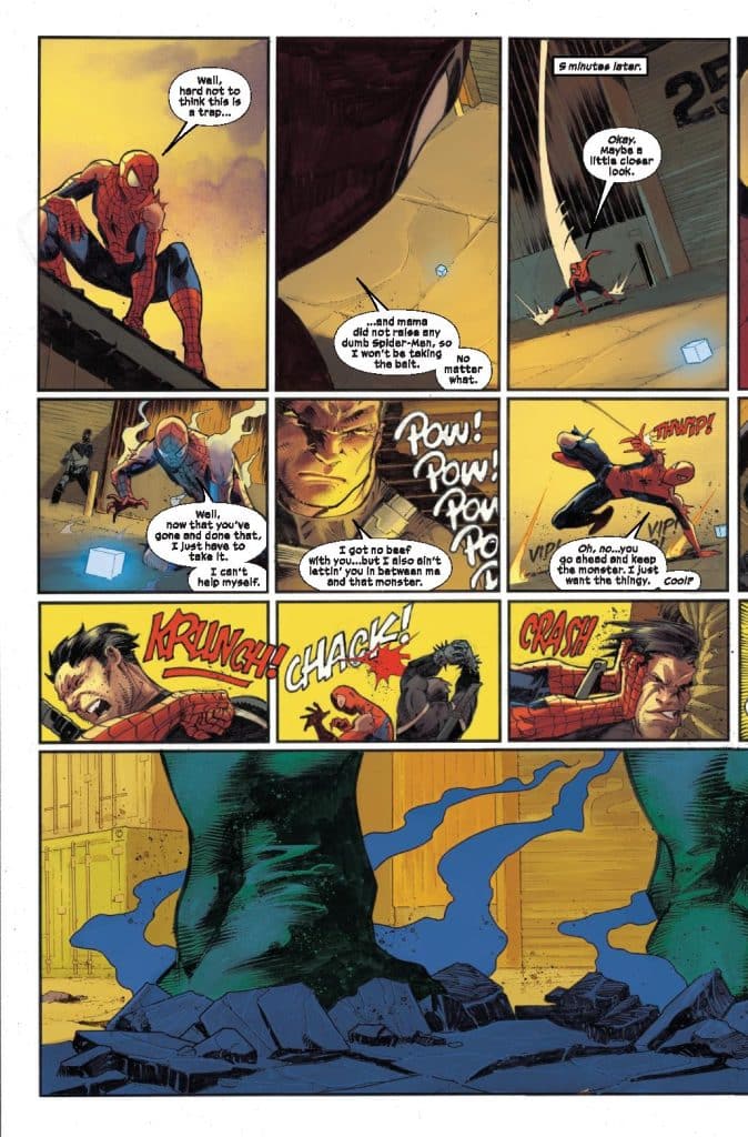 Comic panel featuring Spider-Man, who is cautiously observing a situation, indicating it may be a trap.