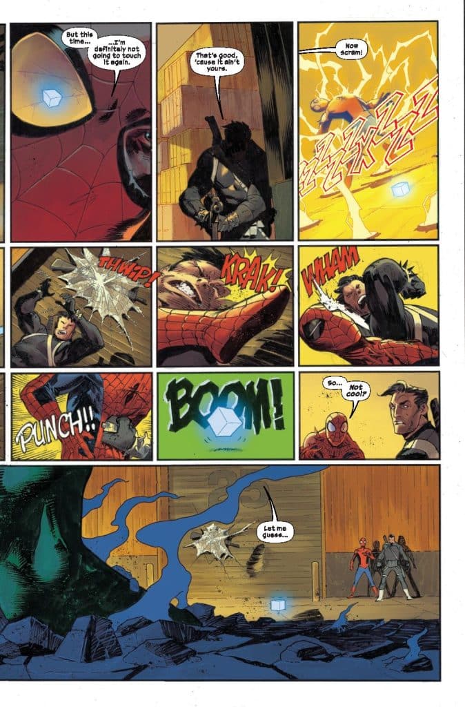 A comic strip featuring Spider-Man and a masked character in a confrontation. Various panels show action sequences with sound effects like 'THWIP', 'KRAK', 'WHAM', and 'BOOM'. The scene captures intense moments of fighting and dialogue between the characters.