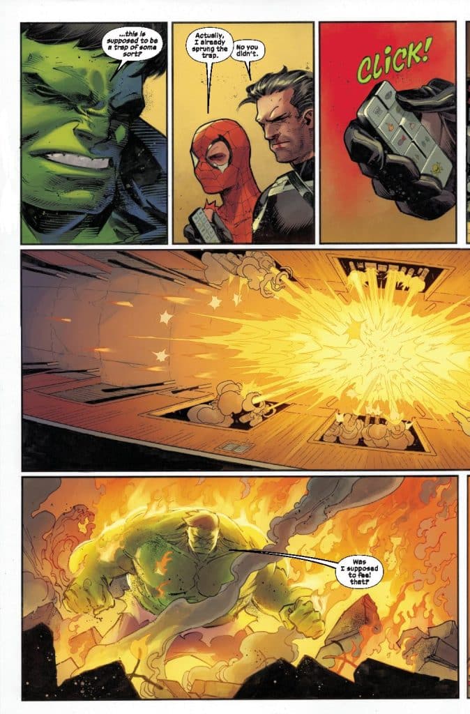 Comic panel featuring the Hulk, Spider-Man, and another character discussing a trap, followed by an explosion.