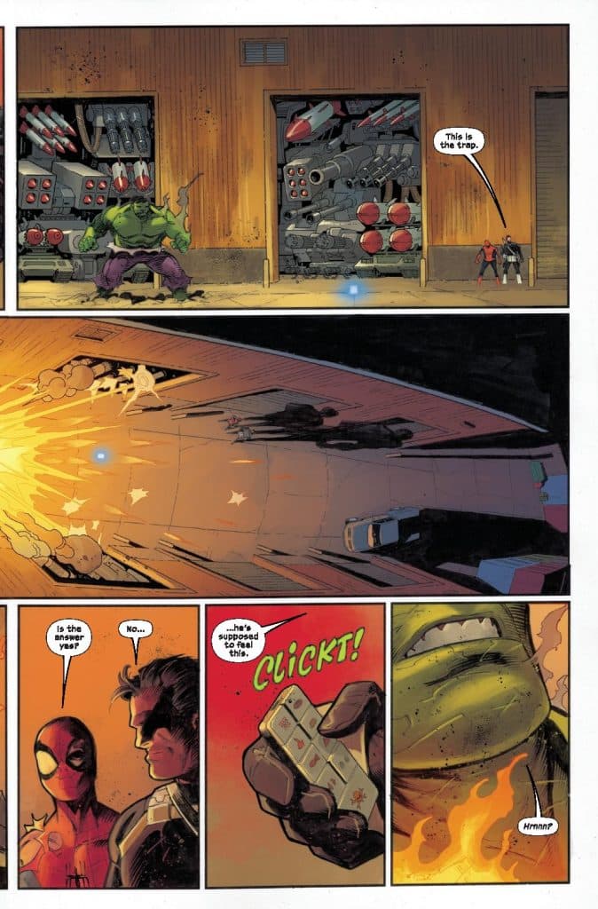 A comic page depicting the Hulk and Spider-Man in front of a wall filled with weapons. The Hulk is holding a device while Spider-Man looks concerned. A dramatic explosion occurs in the background.