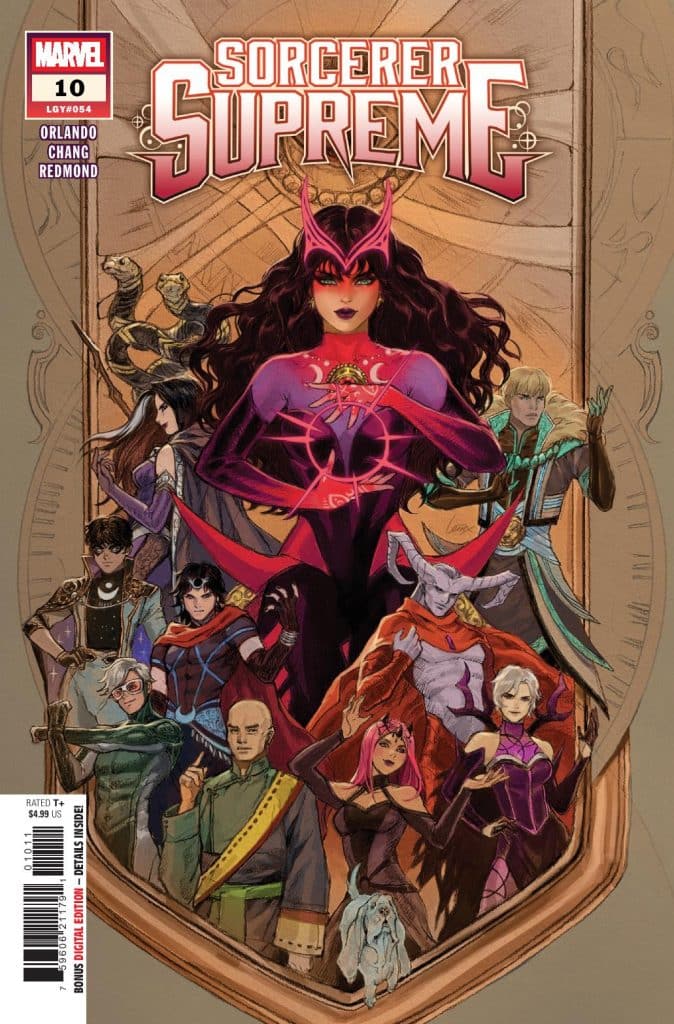 Cover art for Marvel's comic 'Sorcerer Supreme' issue 10, featuring a group of diverse sorcerers in elaborate costumes, centered on a powerful female sorceress with long dark hair and a magical emblem.