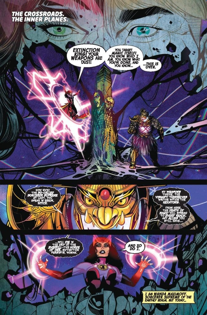 A comic book page featuring a confrontation between powerful characters, with dramatic expressions and magical elements. The scene includes colorful energy effects and dialogue about magic and danger.
