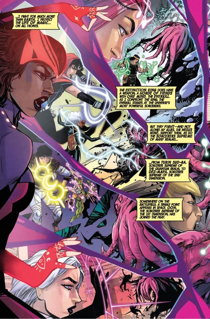 A comic book page featuring heroic characters engaged in a magical battle against monstrous foes. The scene depicts various sorcerers casting spells and fighting against a powerful antagonist, with dynamic artwork showcasing energy effects and emotional expressions.