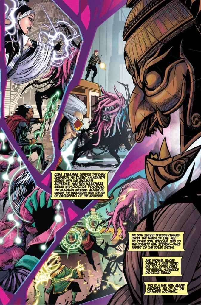 A dynamic comic book scene featuring Clea Strange battling dark forces, including various mystical characters and elements. The illustration showcases magical energy, a confrontation with supernatural beings, and intense action, emphasizing the theme of magic and conflict.