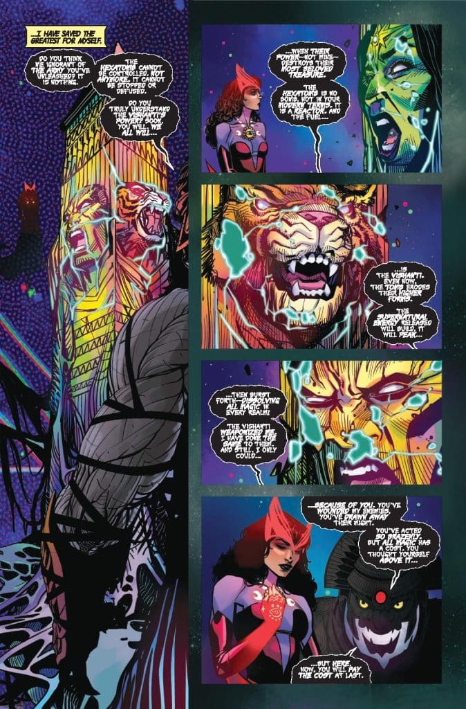 A colorful comic book page featuring superhero characters engaged in a dialogue about power and responsibility. The left panel shows a figure with long hair and a headpiece, while the right panels depict a roaring lion and other characters with expressive faces, showcasing dramatic emotions.