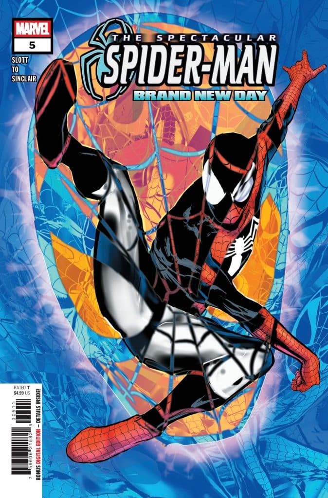 Cover of 'The Spectacular Spider-Man #5' featuring Spider-Man in action, displaying his iconic web-slinging pose against a vibrant blue background with a web design.