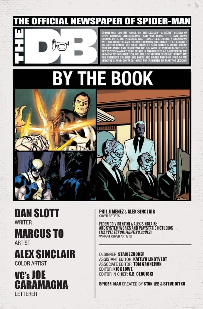 A comic book cover featuring Spider-Man with various characters including The Punisher and Wolverine, alongside credits for the writer, artists, and design team.