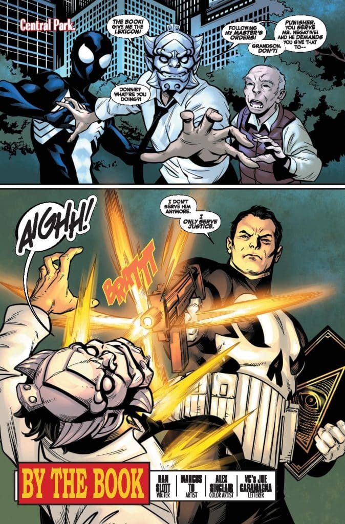 Spider-Man confronts an antagonist in Central Park, demanding a lexicon while a bystander pleads for peace. The Punisher, in an aggressive stance, asserts his quest for justice, illustrating a tense moment between heroes and villains.