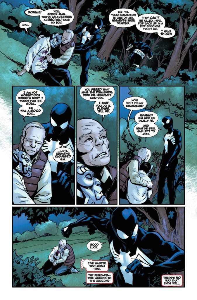 A comic book page featuring Spider-Man (black suit) interacting with an elderly man and a child, discussing someone named Donnie. The elderly man expresses concern for his grandson, while Spider-Man reassures him about the situation.