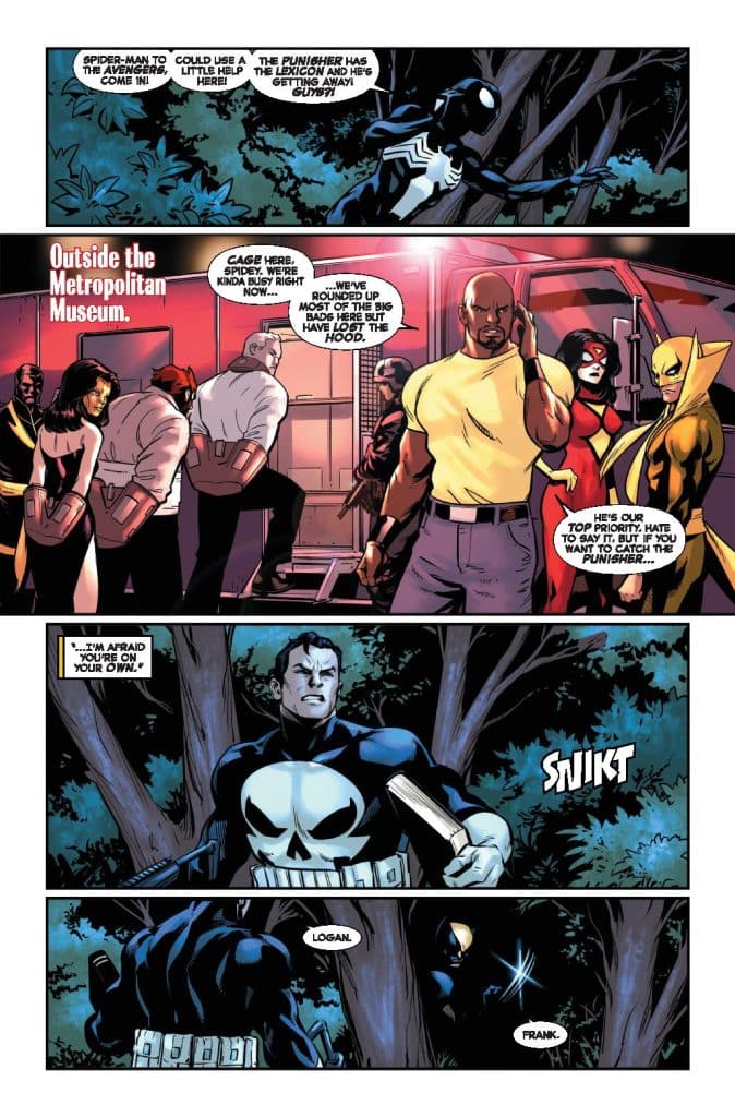 A comic book page depicting various superheroes outside the Metropolitan Museum, discussing an urgent situation involving the Punisher.