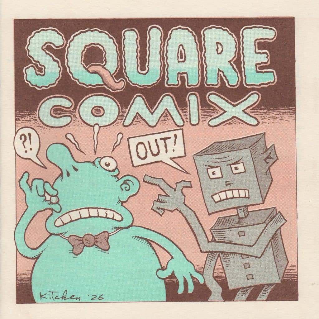 A cartoon cover featuring a green, bulbous-headed character with a bow tie, looking shocked, next to a gray, boxy robot character angrily pointing. The title 'SQUARE COMIX' is prominently displayed above them with the word 'OUT!' in a speech bubble.