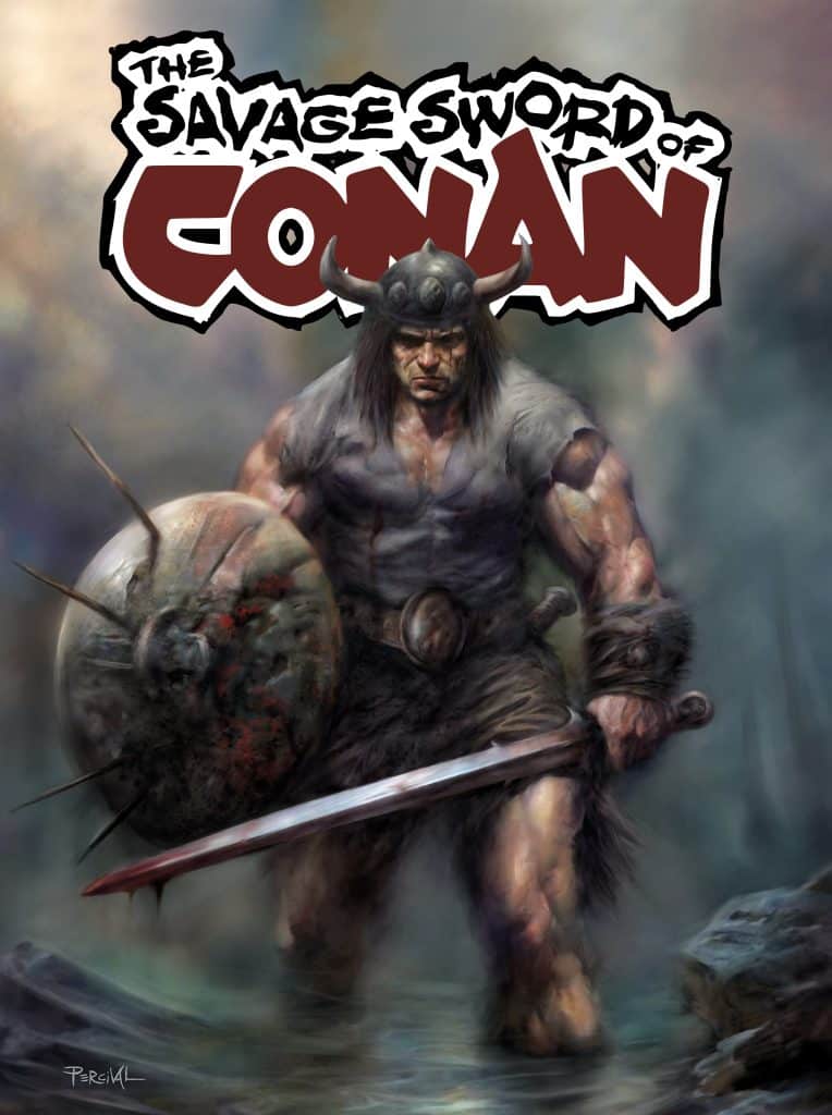 A muscular warrior holding a sword and shield, dressed in minimal armor, standing in a misty landscape. The title 'THE SAVAGE SWORD OF CONAN' is prominently displayed above.