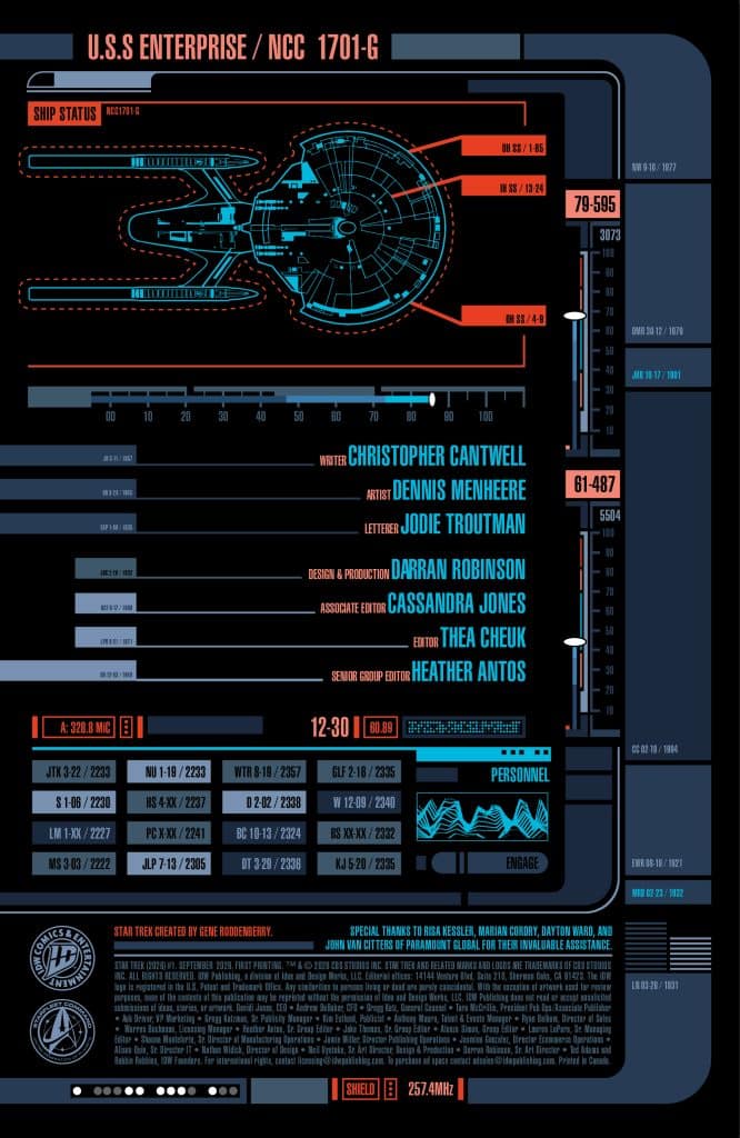 Technical display of the U.S.S. Enterprise NCC 1701-G, featuring ship status, personnel credits, and design details in a sci-fi interface style.