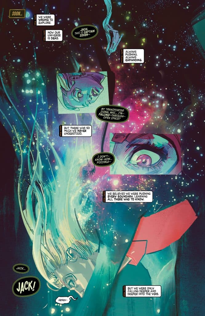 A cosmic scene featuring two characters with expressive faces surrounded by vibrant galaxies and stars, illustrating a dramatic dialogue about exploration and the unknown.
