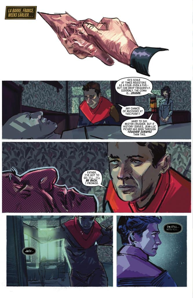 A comic panel showing a character holding a hand with a concerned expression on their face, surrounded by dark, moody decor.