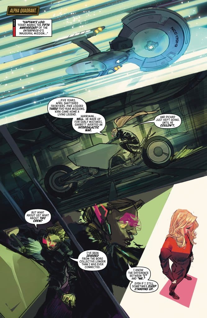 A comic book page featuring a starship traveling through space and two characters engaged in dialogue. One character, in a black coat, is near a vehicle while the other character, depicted with bright colors, stands nearby in a thoughtful pose.