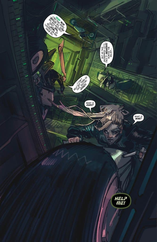 A comic panel depicting a character with a distressed expression reaching for help while surrounded by a futuristic, digital environment. The scene includes elements of technology like circuit patterns and vibrant green lighting, suggesting tension and urgency.