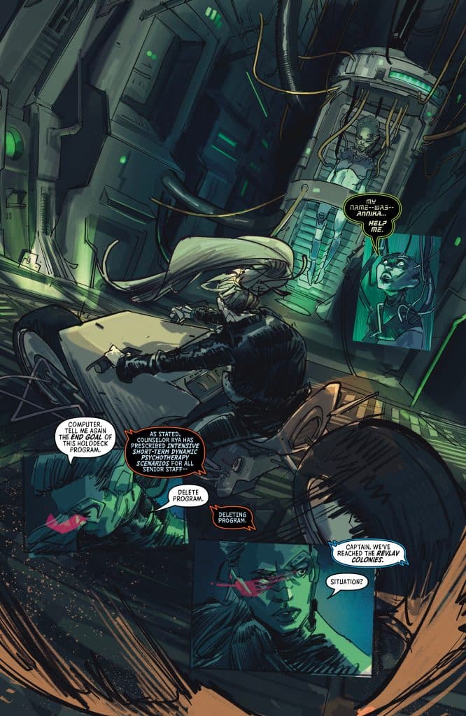 A futuristic comic book scene depicting characters in a high-tech environment. One character appears to be unconscious on a table, while another, seemingly alert, communicates with a computer. In the background, a figure is seen suspended in a chamber, and various screens display dialogue and information about a program deletion and a mission update.