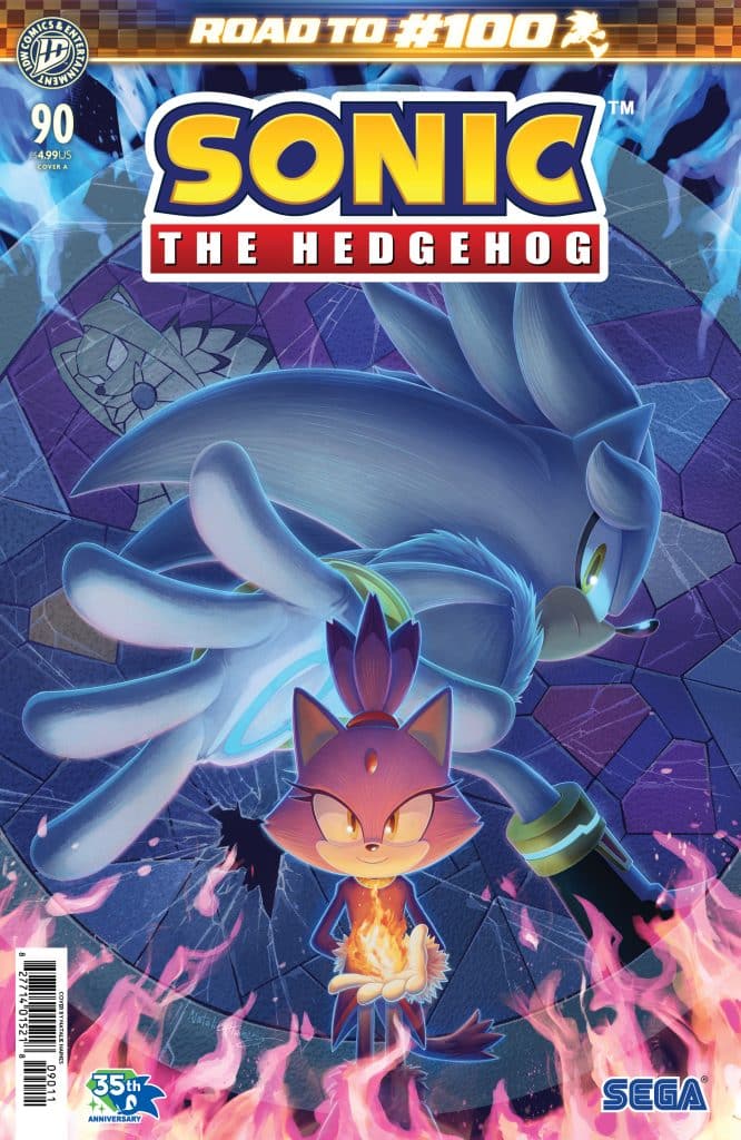 Cover of Sonic the Hedgehog comic issue 90, featuring Sonic's silhouette in the background, with Blaze the Cat holding a flame in the foreground, surrounded by a colorful, fiery design.