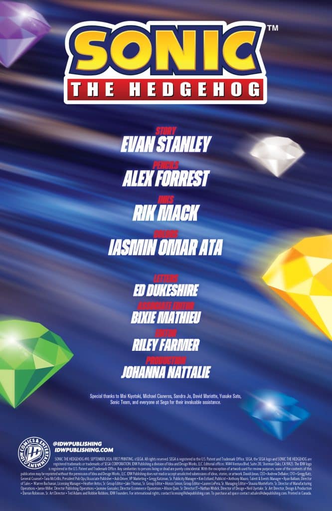 Cover page of a Sonic the Hedgehog comic featuring the title and credits for the story, pencils, inks, colors, letters, and production, along with special acknowledgments.