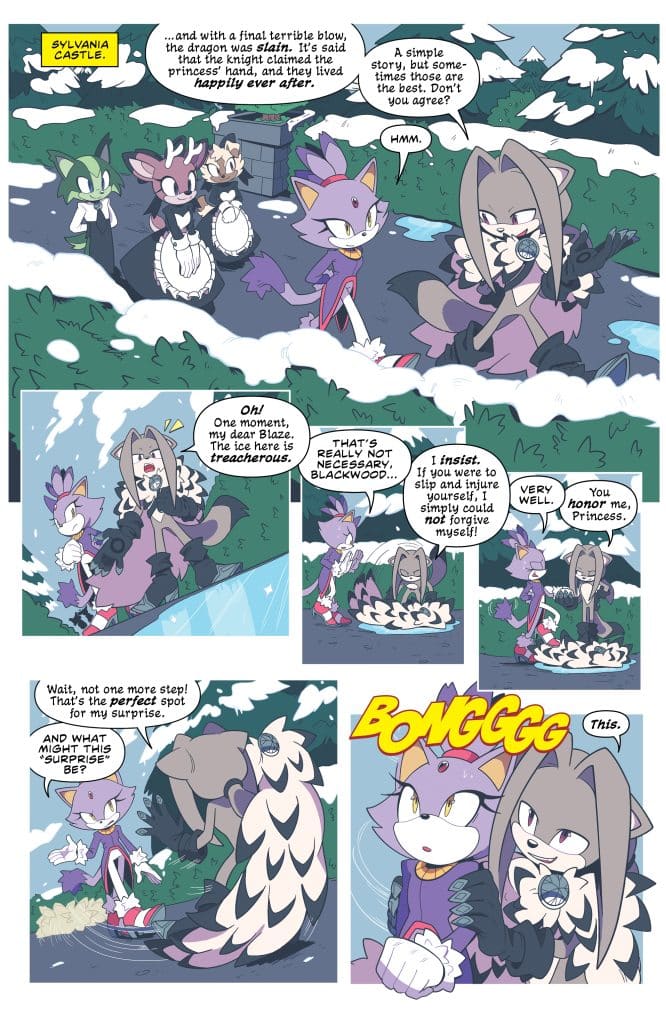 A comic panel depicting a scene at Sylvania Castle with characters interacting. A knight recounts a story about a dragon being slain while a princess looks intrigued. Blaze, a character with purple fur, is seen expressing concern over icy terrain. A humorous moment occurs as one character prepares to unveil a surprise, resulting in a loud 'BOMGGGG'.