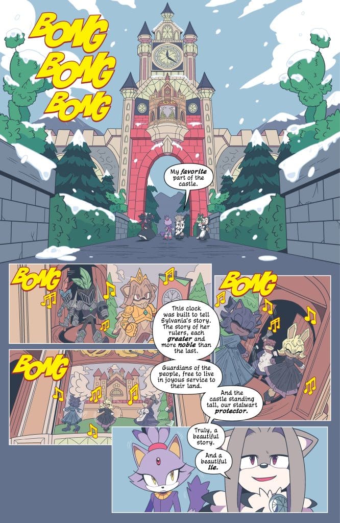 A cartoon-style illustration depicting a snowy castle with a large clock tower. Three characters, a cat and two other animal-like figures, are shown in the foreground, discussing their favorite part of the castle. Text overlays emphasize the sounds of a clock chiming and narrate details about the castle's significance in the land's history.