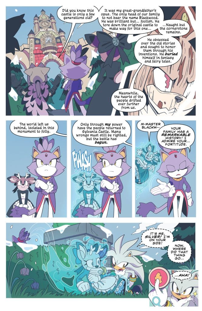 A comic page featuring characters discussing a castle's history and powers, with emotive expressions and dynamic action. The scene shifts from a historical narrative about Sylvania Castle to a moment of tension as one character uses their abilities, culminating in a character named Silver appearing and declaring his support.
