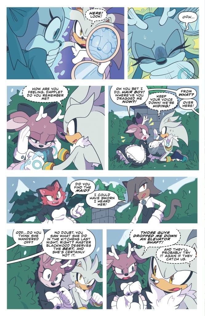 A comic panel featuring several anthropomorphic characters interacting in a forest setting. One character holds a magnifying glass, while others express concern and surprise. Dialogue bubbles convey their conversation about a missing maid and a recent mishap.