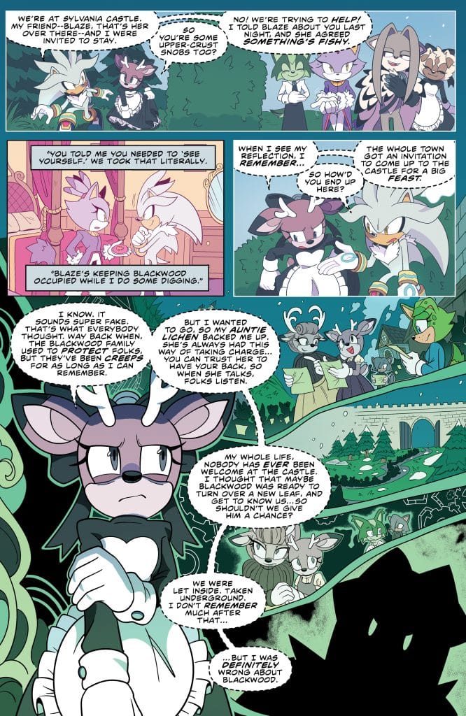 Comic page featuring anthropomorphic characters discussing a castle and secrets while expressing their feelings about acceptance and community.