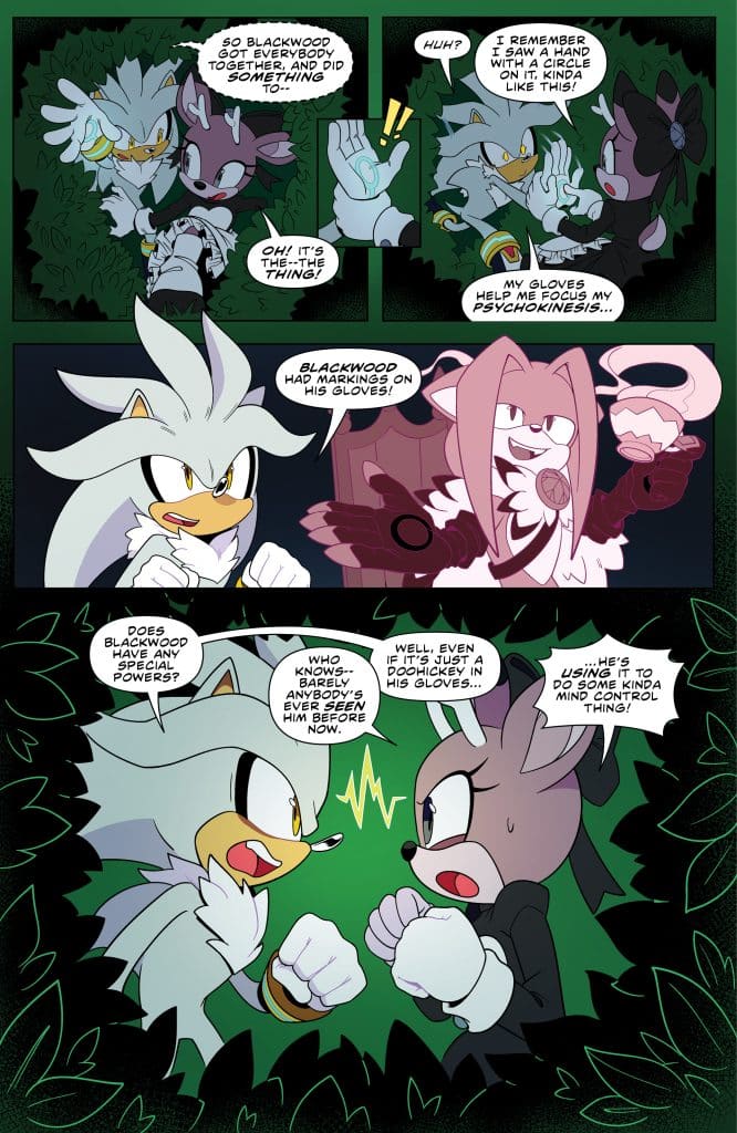 A comic panel featuring four characters discussing Blackwood's actions and gloves, emphasizing themes of psychokinesis and special powers.