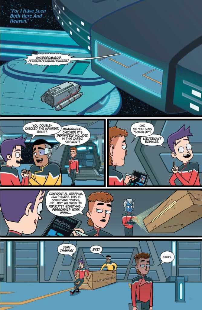 A comic panel depicting characters in a sci-fi setting, with two characters talking about a cargo shipment while another character checks a device. The scene features a futuristic background and playful dialogue about a mysterious box.