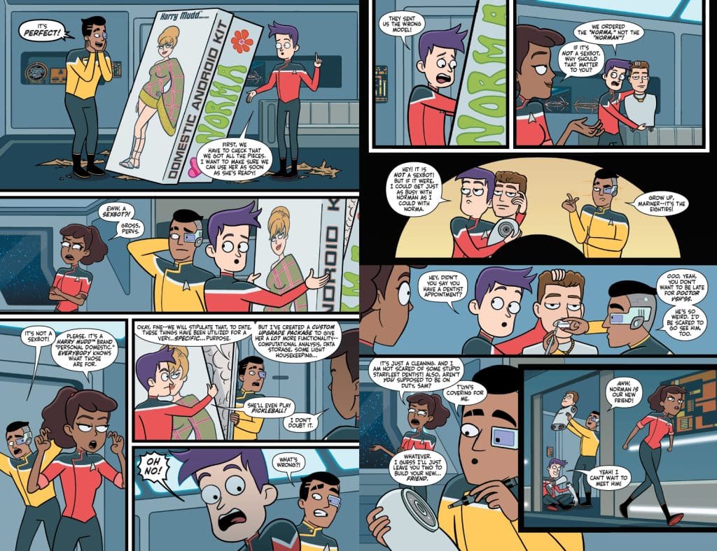 A comic strip showing a group of animated characters discussing a mix-up with a domestic android kit. One character looks surprised while another gestures, and a third appears skeptical about the situation.
