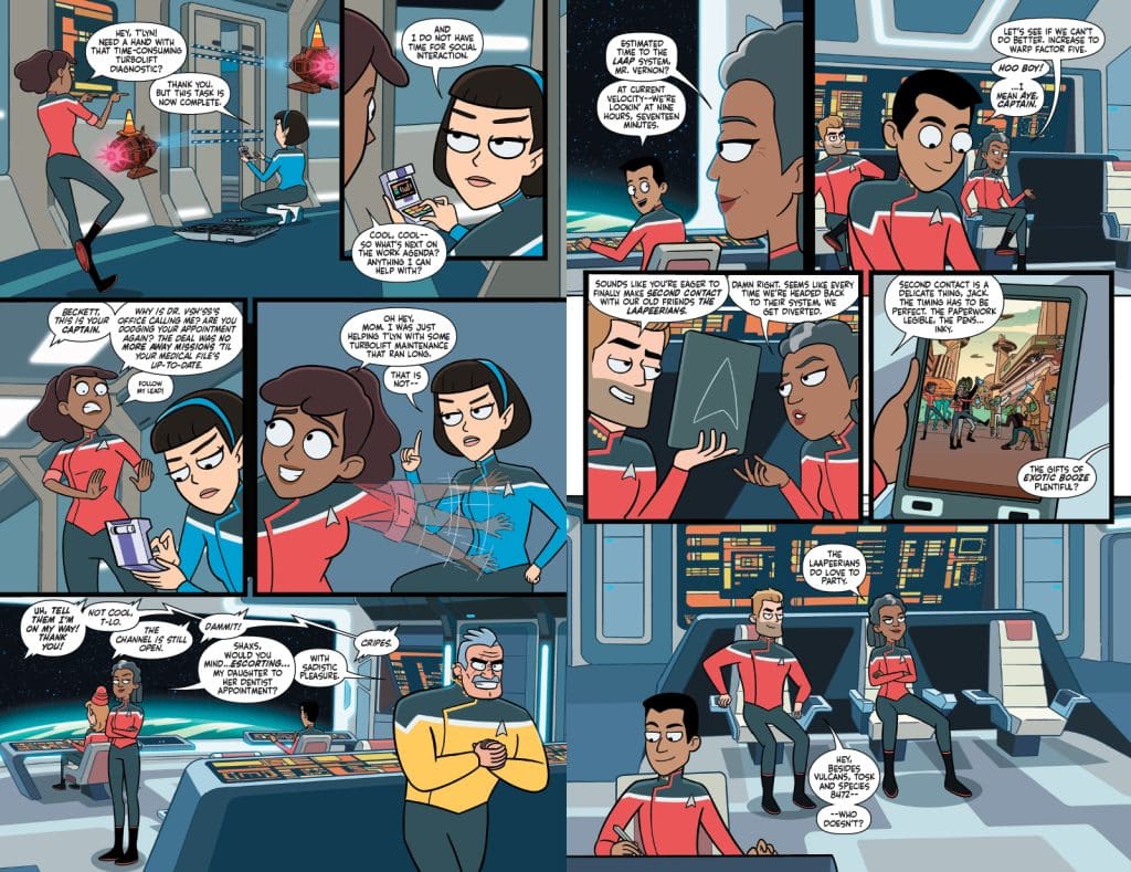 A comic strip depicting a group of animated characters in a spaceship environment discussing tasks, technology, and interactions with an alien species. Characters are shown in various panels engaged in conversation about diagnostics, social interactions, and planning for a mission.