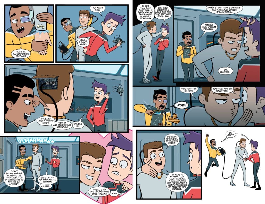 A comic strip featuring characters engaged in a humorous conversation about a malfunctioning device. One character is installing components while another expresses concern over the upgrade. The tone is light-hearted and playful, featuring exaggerated expressions and dialogue.