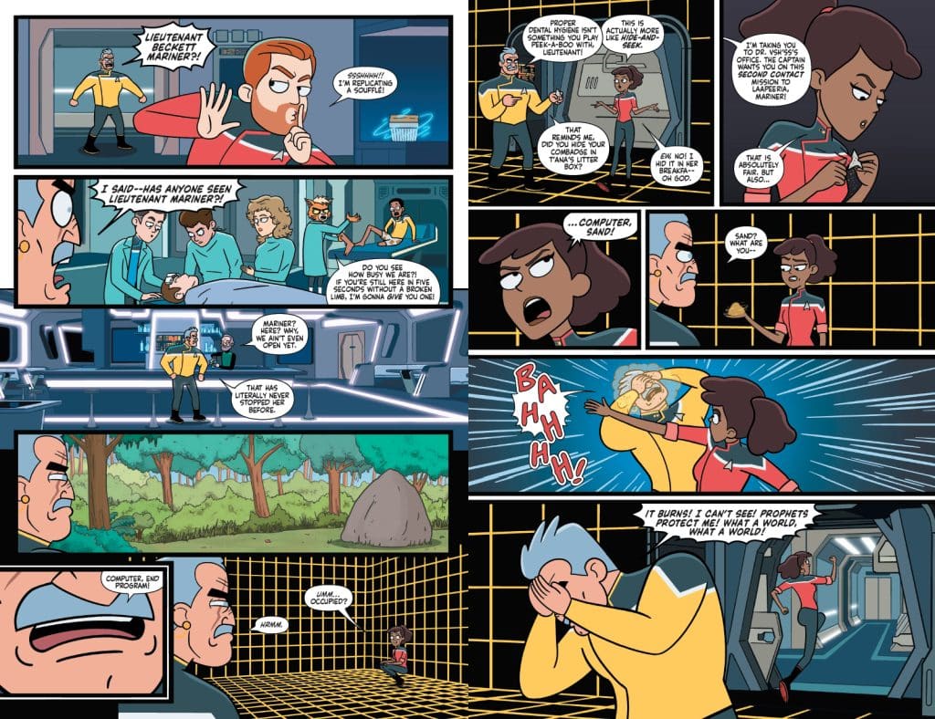 A comic panel depicting a humorous sci-fi scene with various characters in a spaceship environment. One character, Lieutenant Mariner, is hiding, while others are engaged in comedic dialogue about their situation. The background features futuristic technology and elements typical of a starship.