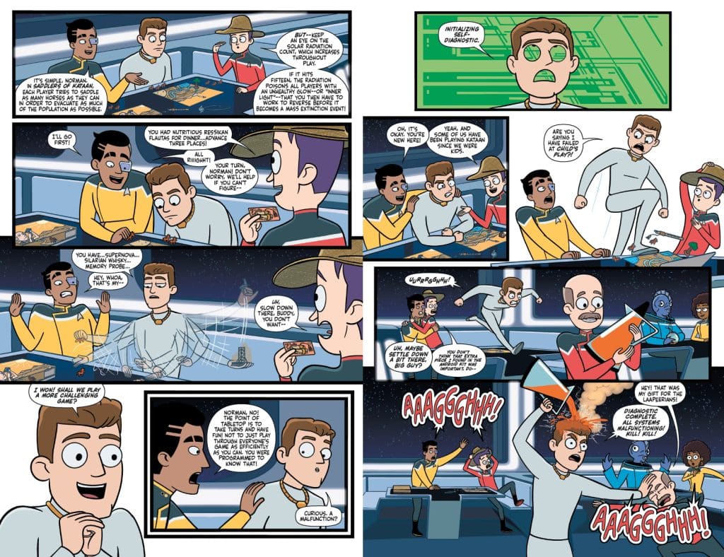 A colorful comic strip depicting characters in a space-themed setting, engaged in a board game. Several characters express excitement and confusion, with dialogue bubbles illustrating their conversations. One character is shown with a diagnostic tool, experiencing a malfunction, causing chaos among the group.