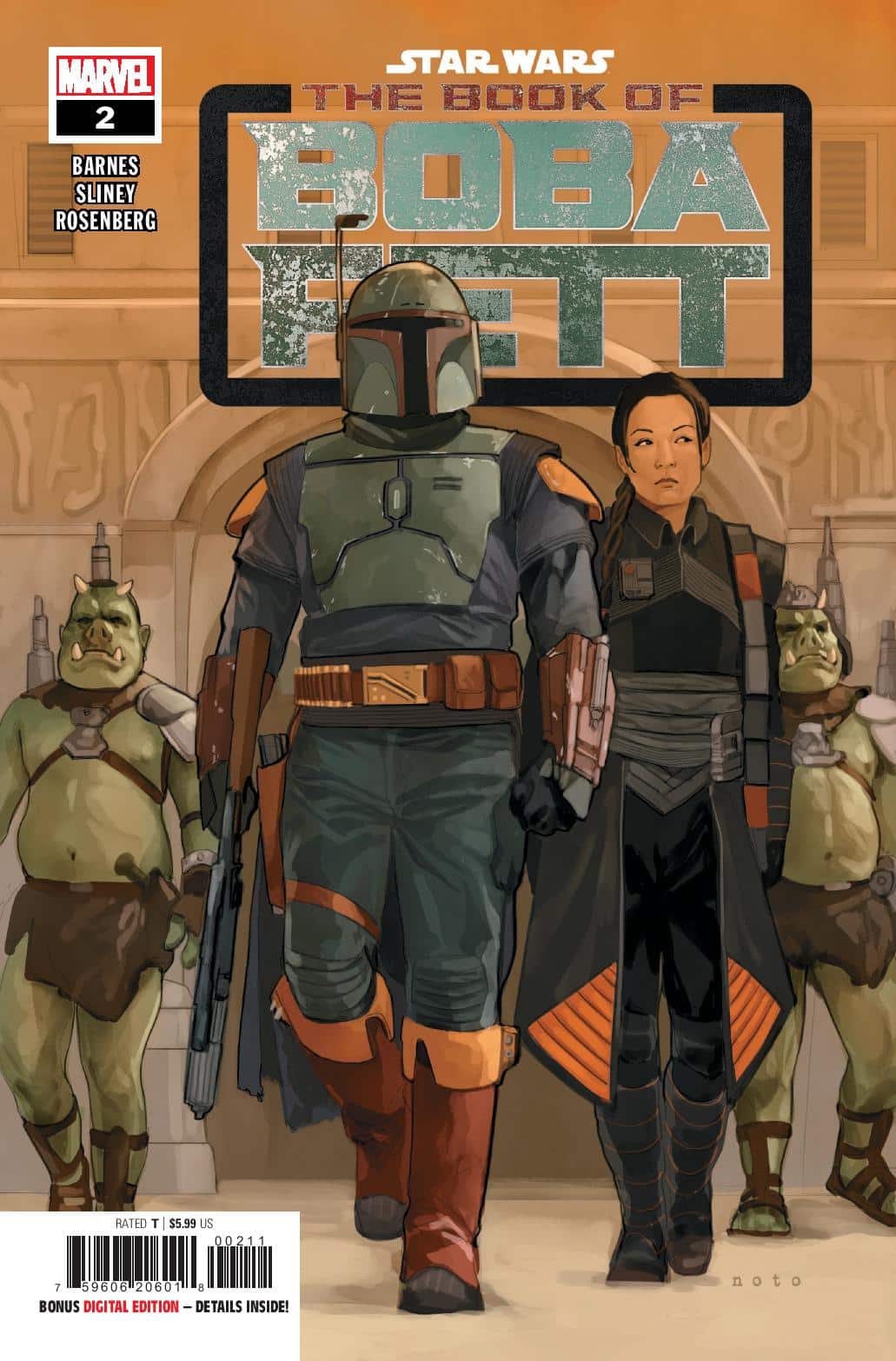 Cover art of 'The Book of Boba Fett' comic featuring Boba Fett walking alongside a female character, with background characters visible, against a sci-fi setting.