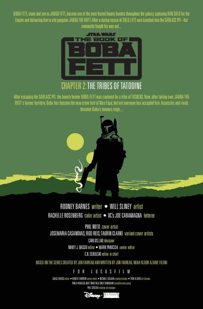 Cover page of 'The Book of Boba Fett' Chapter 2: The Tribes of Tatooine, featuring Boba Fett in silhouette with a weapon, set against a desert background. The text includes credits for the creative team.