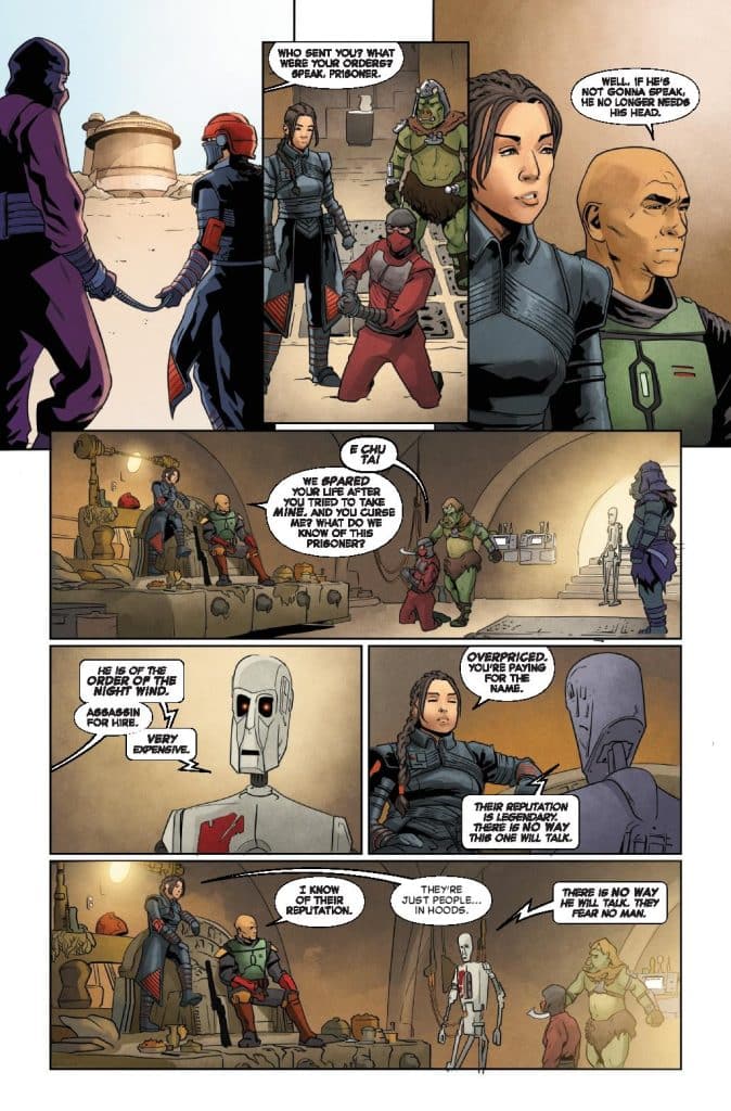 A group of characters in a sci-fi setting interrogating a prisoner. The scene includes two armored figures, a woman with long dark hair, a droid, and a large alien, all engaged in a tense discussion.