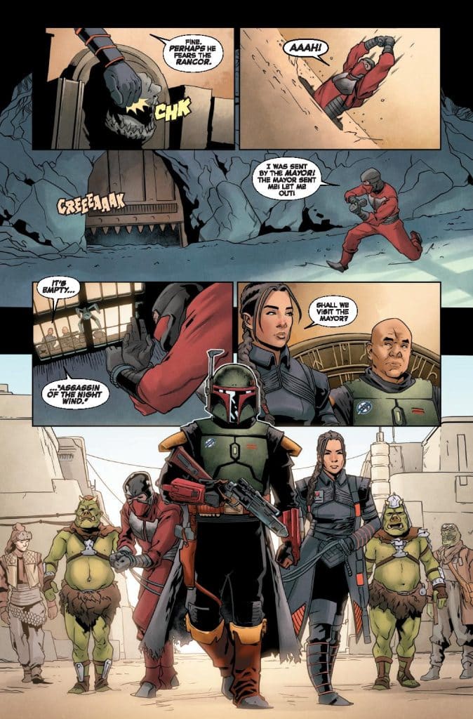Comic panel featuring characters in a scene with Boba Fett in the foreground, accompanied by other characters, discussing a situation involving a mayor and a rancor.